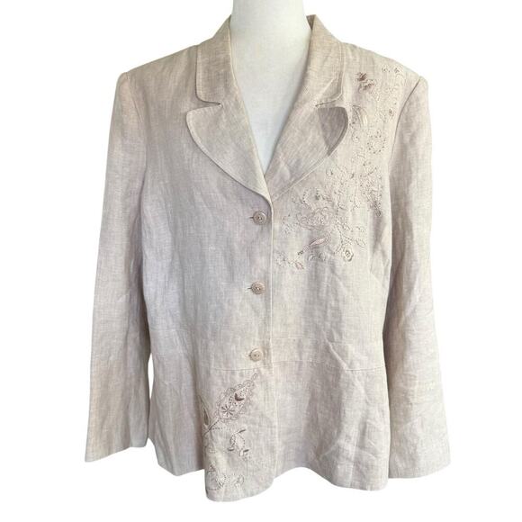 Kenar Jackets & Blazers - Kenar Woman 20W Linen Blazer Beige Embroidered Jacket Relaxed Oversized Comfort